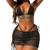 3Pcs/Set Women Sexy Bikini Set Solid Color Halter Bra Lace-up Thong Hollow Out Skirt Set Swimwear Beachwear