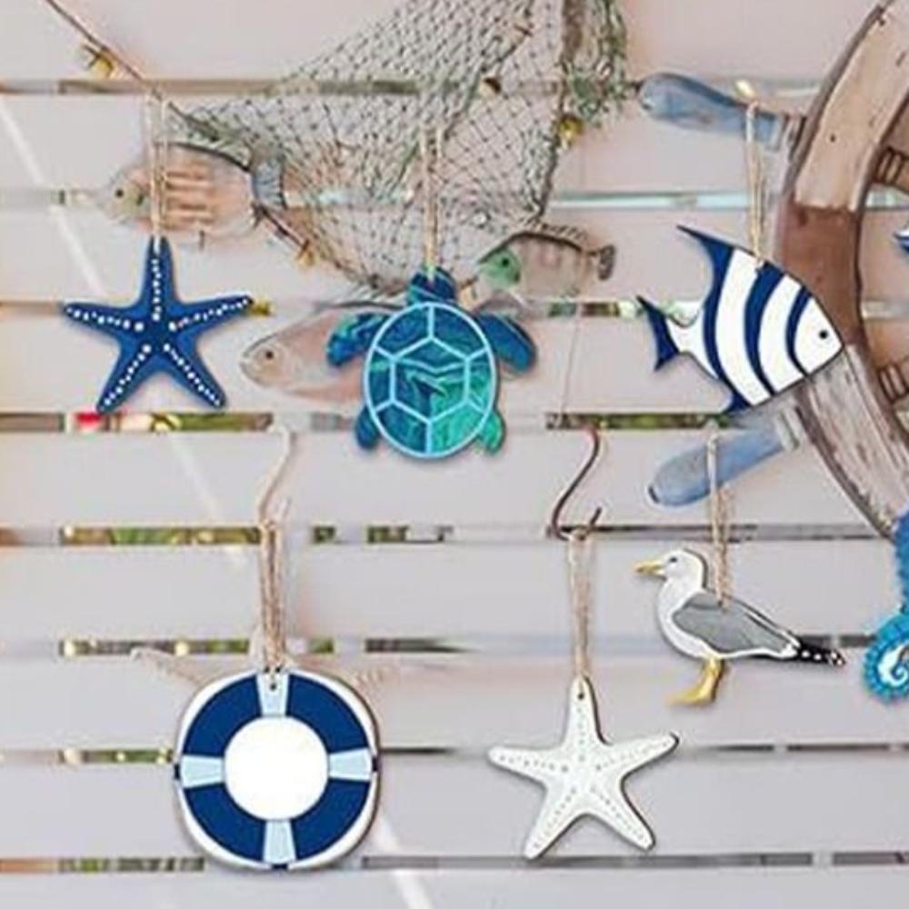 24pcs Wooden Sea Animals Hanging Ornament Ocean Themed Signs Decorations  for Wall Tropical Bar