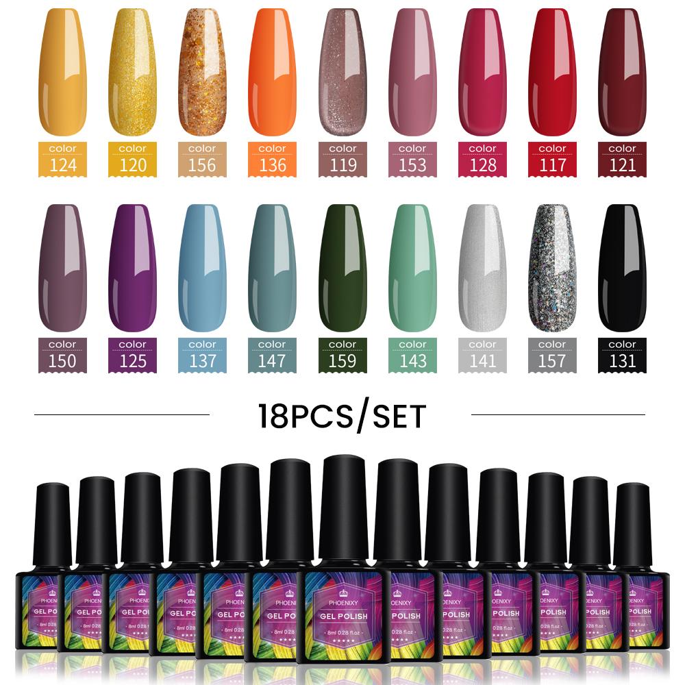 PHOENIXY, 4/12/18 цветов, набор гель-лаков для ногтей, набор гель-лаков для замачивания, маникюр, полупостоянные гибридные лаки, основа и верхний дизайн ногтей