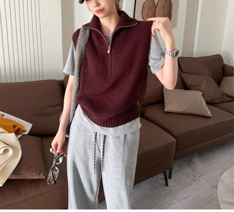 Слаксы ретро, вязаный жилет без рукавов с полумолнией, шикарный многослойный топ в иностранном стиле, омолаживающий, повседневный жилет