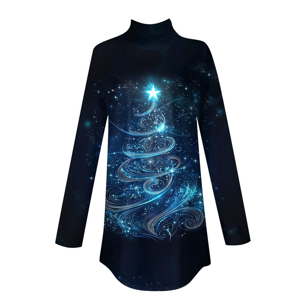 Женская модная повседневная футболка с длинным рукавом с высоким воротом и принтом, пуловер, топ