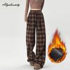 Korean Fashion Autumn Winter Women Fleece Pants High Waist Black Brown Red Navy Blue Plaid Woolen Trousers Vintage Wool Thick Warm Straight Pants