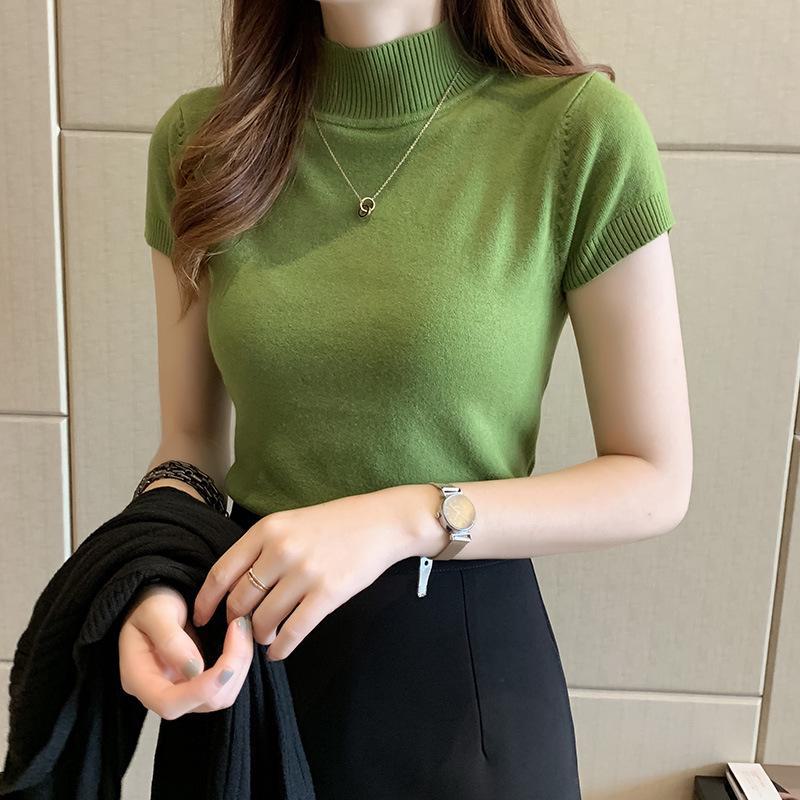 2024 Women's Slim Fit Knitted Half Turtleneck Short-Sleeve Sweater Top