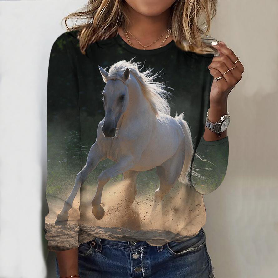 Tops For Women Zebra&Oil Painting Horse Print Round Neck Long Sleeve T-shirt Fall Casual Slim Pullover Women's Long Sleeve Top