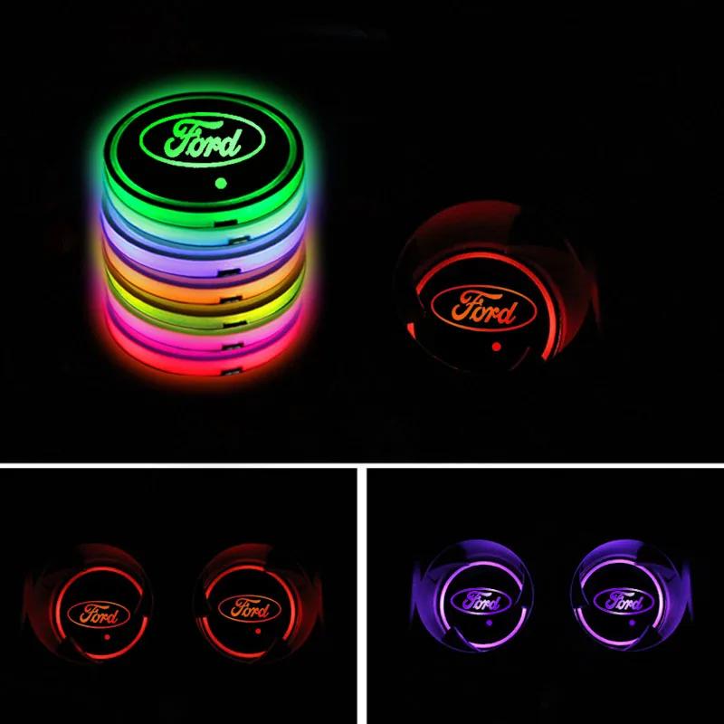 7 Colors LED Car Cup Holder Lights Luminous Coaster Water Cup Pad For Ford Escape Kuga Mondeo Ecosport Fiesta Focus 2 3 MK1 MK2 DFQ12