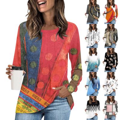 Женская модная повседневная плиссированная футболка с круглым вырезом и длинным рукавом с винтажным принтом, удобный топ