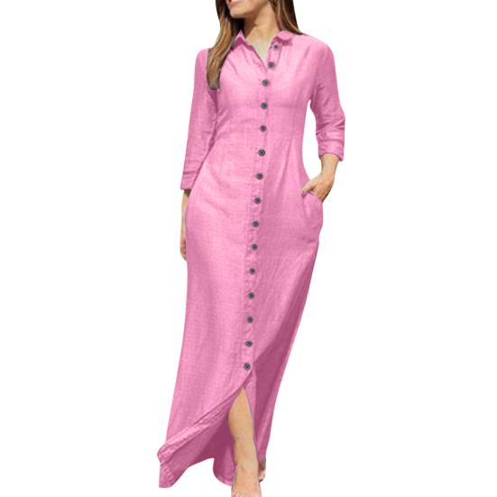 Spring Summer Women Dress Loose Pure Color Single-breasted Side Pockets Lapel V Neck Long Sleeves Split Hem Soft Breathable Casual Ankle Length