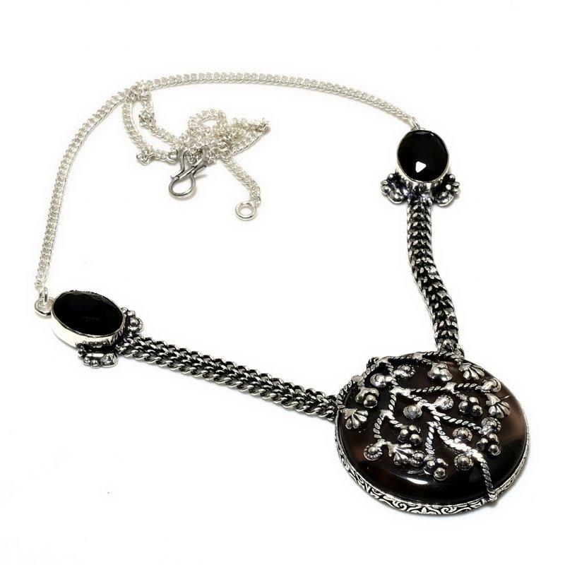 Midnight Obsidian Black Spinel Gemstone 925 Silver Plated Necklace 18"