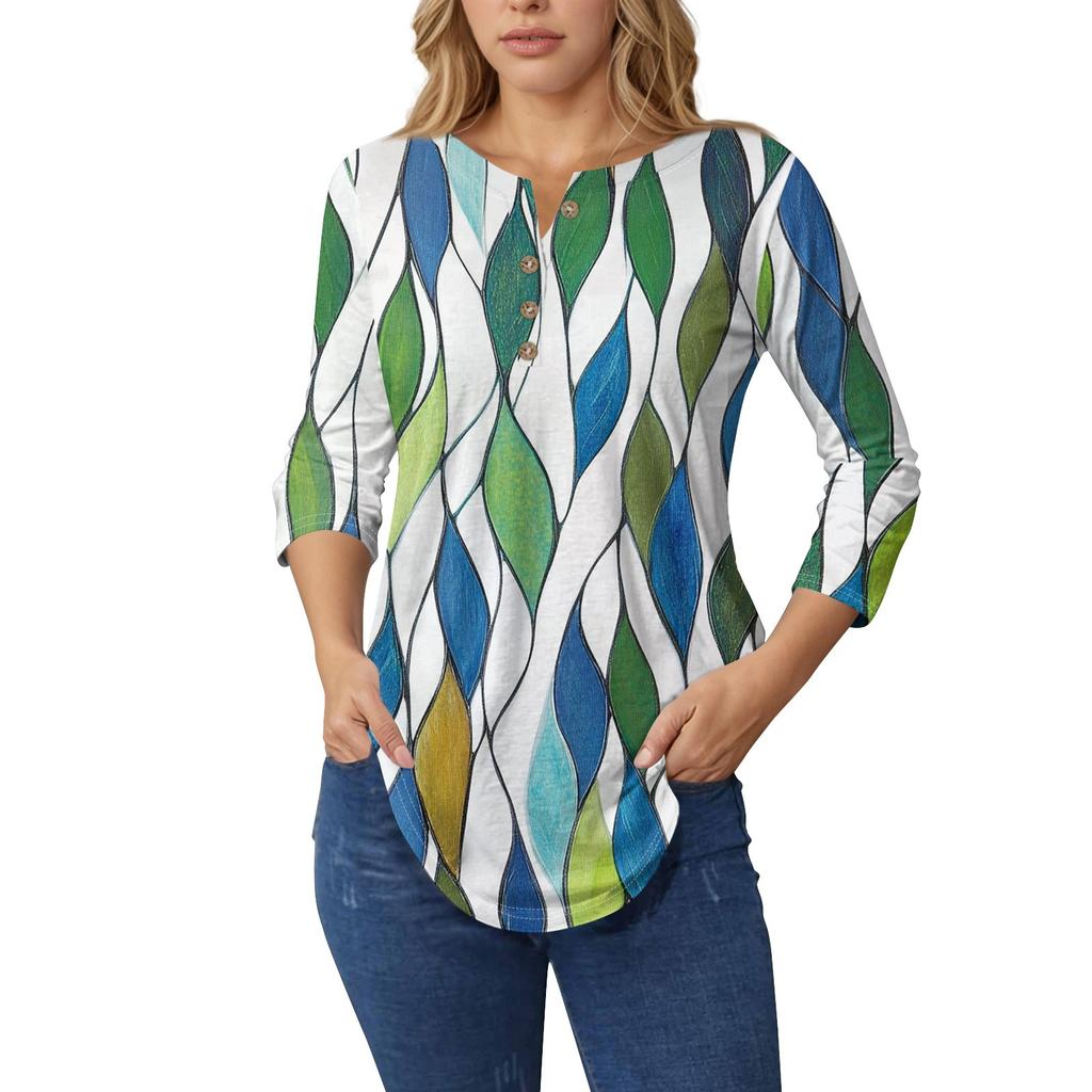 Женские топы с рукавами 3/4, летние футболки с цветочным принтом и V-образным вырезом, повседневные базовые футболки с пуговицами, туники