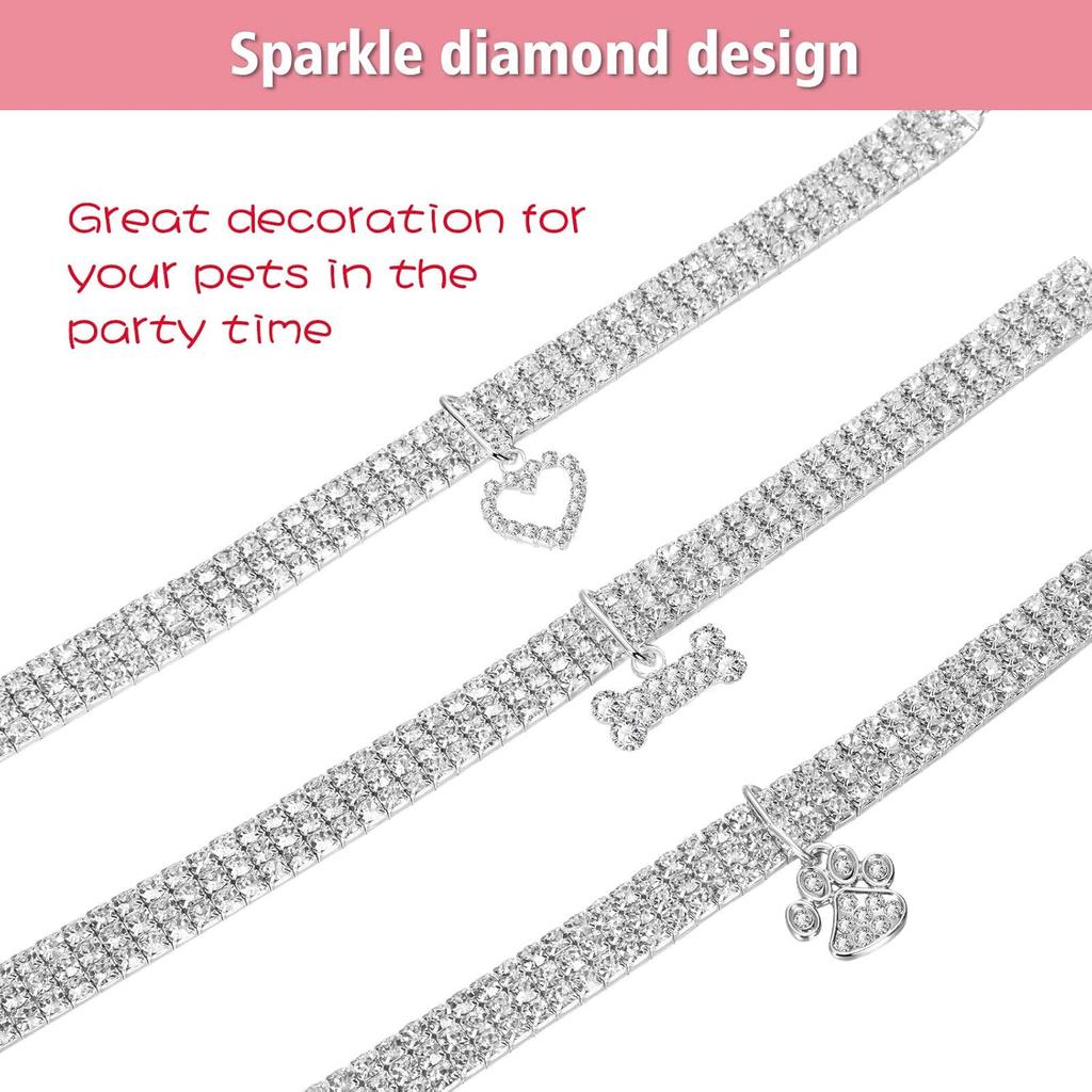 3 Pieces Bling Rhinestones Pet Collars Glitter Pendant Dog Collars Adjustable Crystal Cat Collar Elastic Pet Necklace for Small Pet Cat Dogs Puppy