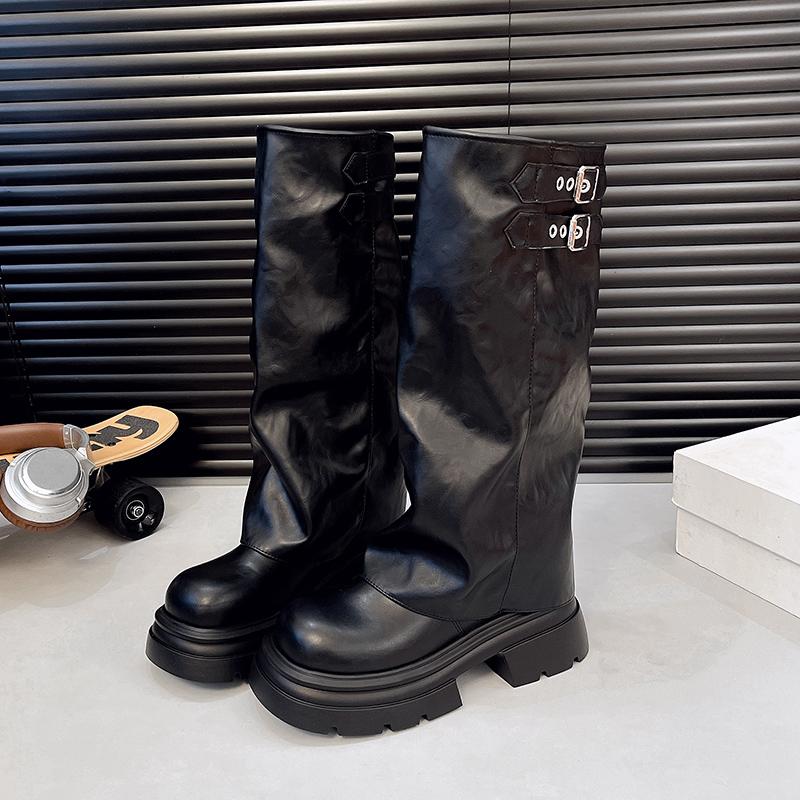 Модные женские ботфорты до колена, рыцарские ботинки на платформе, массивные модные туфли 2025, элегантные новые зимние готические плиссированные женские ботинки для вечеринки, боты женские