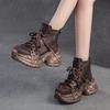 Vintage Genuine Leather Splicing Mesh Breathable Hollow-out Boots Women's Platform Shoes