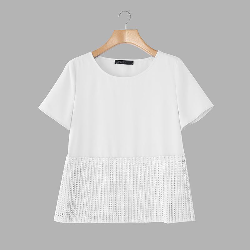 ZANZEA Women Casual Round Neck Summer Patchwork Short Sleeve Blouse