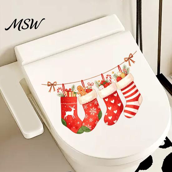 Christmas Party Bathroom Supplies Stocking Toilet Stickers, Waterproof PVC Decals for Holiday Home Decorative Watercolor Patterns Decoration,