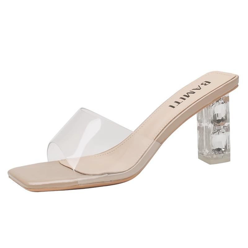 One-word Slippers for Women's Summer Wear 2024 New Square Head Crystal Thick Heel Transparent Sexy High Heels Temperament Sandals