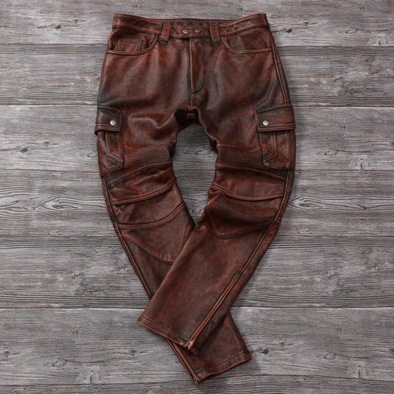 Chinese Size Vintage Gray Genuine Cowhide Leather Pants Men Motorcycle Biker Leather Trousers Autumn Winter Men Leather Pants