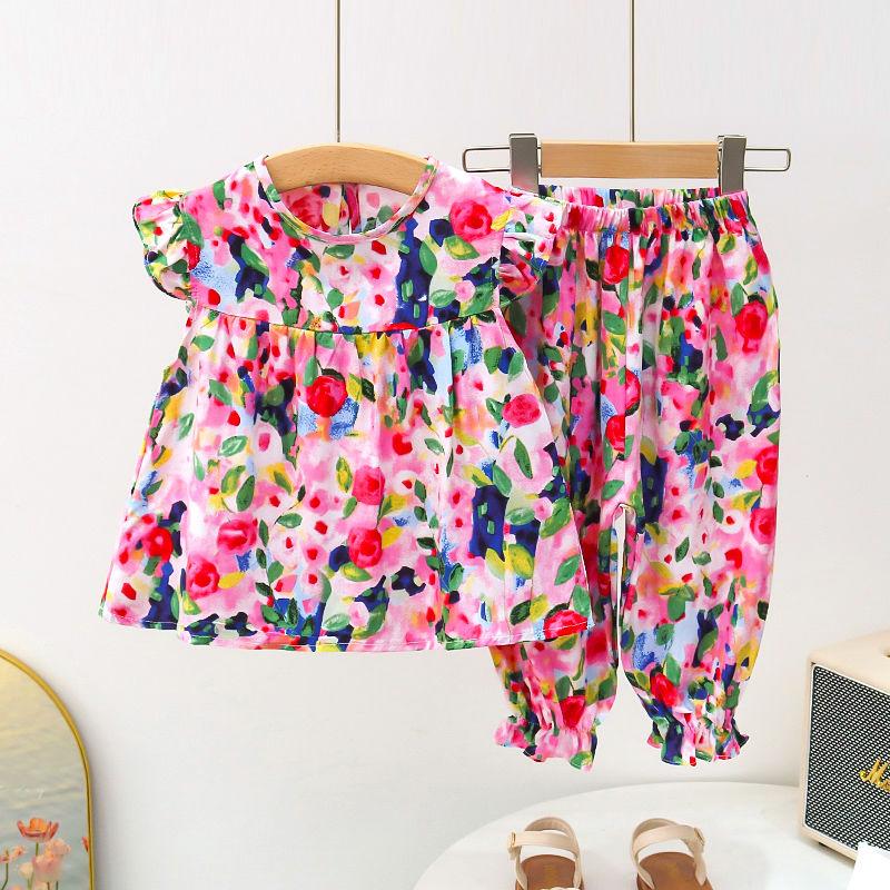 Girls' Summer Cotton and Silk Sleeveless Two-piece Floral Floral Floral Pattern Set