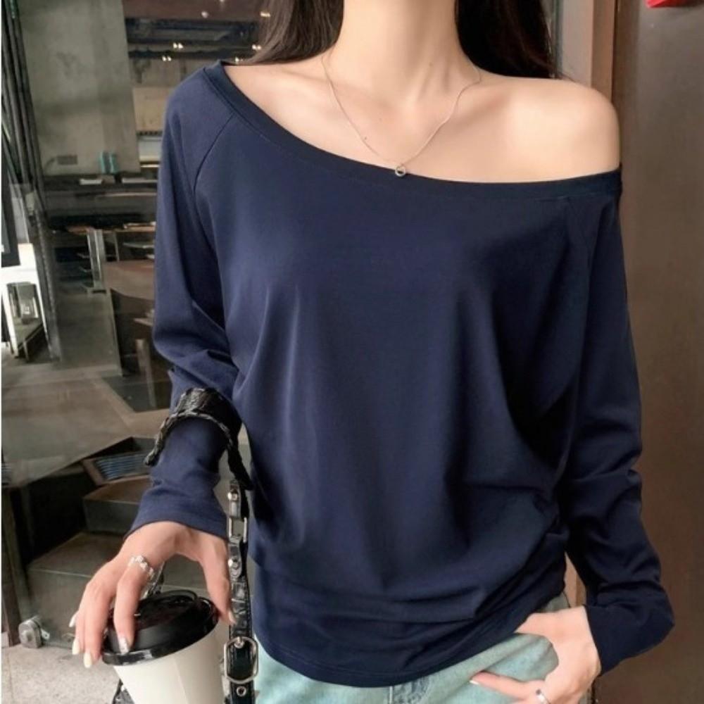 Solid Color Slant Shoulder T Shirt Long Sleeve Base Tees Simple Off Shoulder Tee Spring