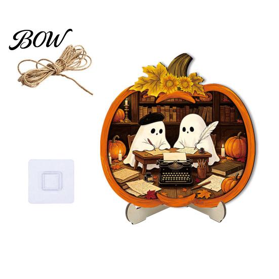 Cool Patterned Ornaments Halloween Door Sign, Glowing Ghost Hanging Decor, Wooden LED Window Festive Theme Ornament for Party, Spooky Wall Pendant