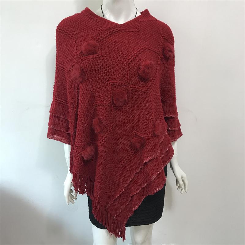 Causal Fashion Women Knitted Batwing Cape Tassels Poncho Cloak Ladies Fur Ball Sweater Outwear