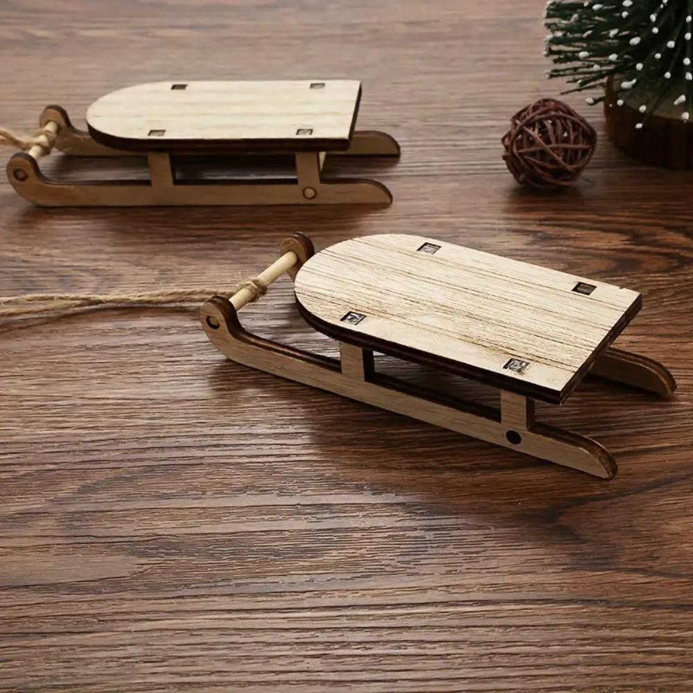2Pcs Handmade Christmas Wooden Mini Sleighs Unfinished Sled Ornament Kids