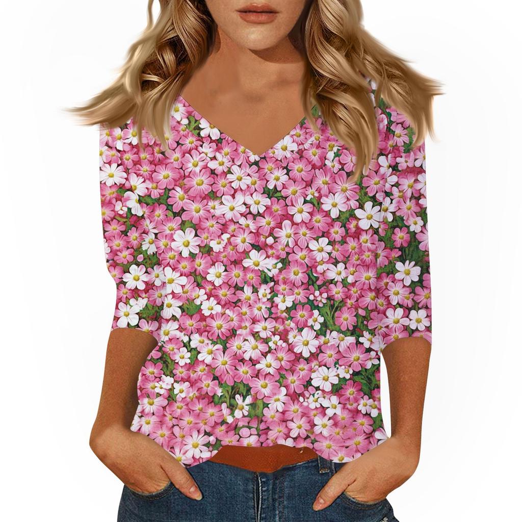 Women's Tops Three-quarter Sleeve Shirt V-neck Loose Casual Shirt Print T-shirt