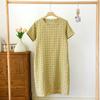 New Summer Short Sleeve Sleeping Skirt 100% Cotton Yarn Weaving Jacquard Loose Pullover Mid Length Plaid Skirt Home Dress