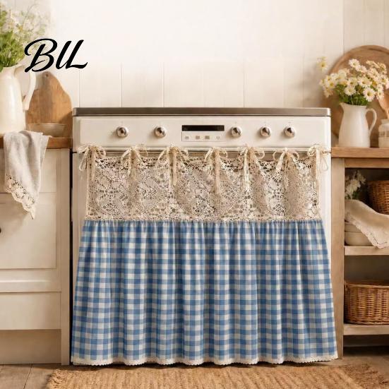 Decorative Fabric Oven Handle Wrap Farmhouse Stove Skirt, Plaid Crochet Lace Curtain, Easy Install Strap Shade Skirt Curtain with Ties for Cottage
