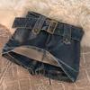 Vintage Women's Korean Button Strap Short Denim Miniskirt Aesthetic Fairy Plaid High Waist Jeans A-line Skirt