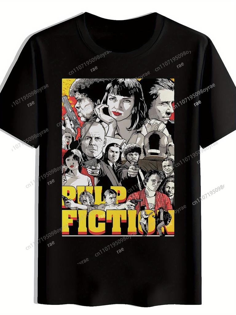 Мужская футболка Pulp Fiction с графическим принтом Черная Ретро-дизайн с постером фильма Круглый вырез Легкий полиэстер Летняя