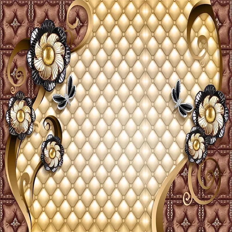 3d Mural Роскошные черные цветы Обои Мягкий рулон Ювелирные изделия Фрески Гостиная Диван Спальня Домашний декор 3d Фреска