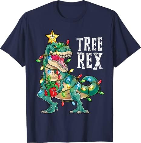 Christmas Dinosaur Tree Rex Pajamas Unisex Boys Xmas Lights TShirt Gift Cute Dino Wear Xmas Lights Graphic Tee Top Family Matching