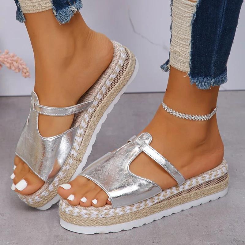 Модные сандалии-клинья с открытым носком для женщин, повседневные, большого размера, на платформе с подошвой из пеньковой веревки, на толстой подошве