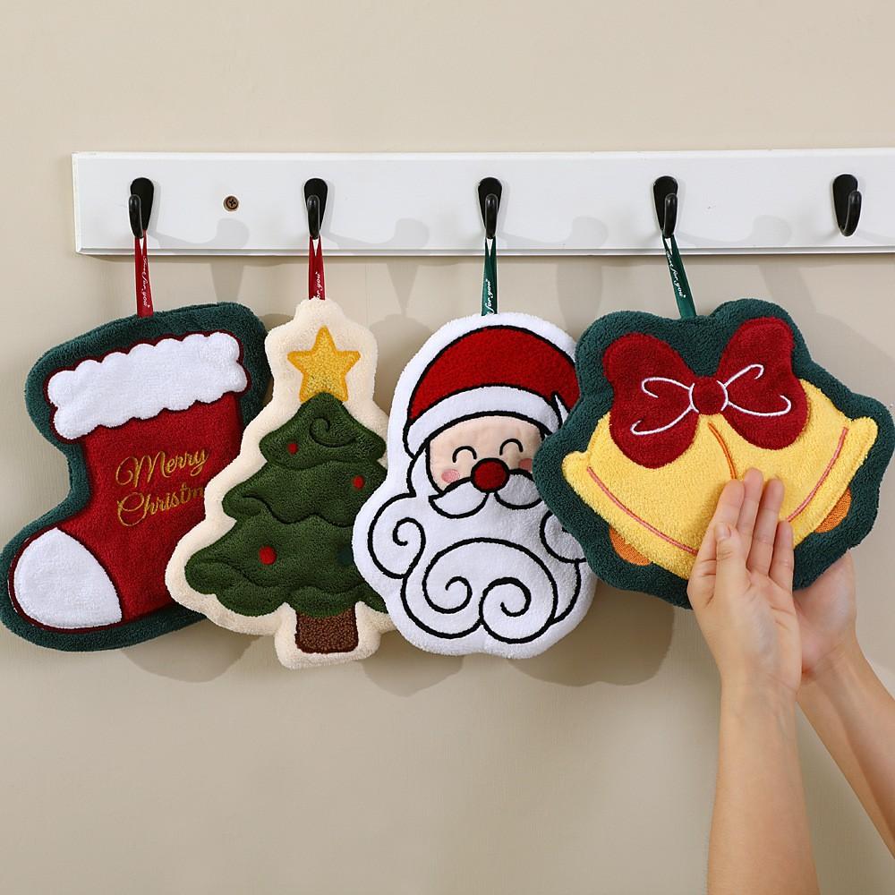 Kawaii Xmas Tree Santa Hanging Hand Towel, Creative Absorbent Coral Velvet Handkerchief, Household Bathroom Kitchen Christmas Decor Towel