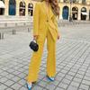 2 Pcs/Set Women Coat Pants Suit Lapel Formal Business Style Long Sleeve Single Button Wide Leg Straight Commute Office Trousers Set