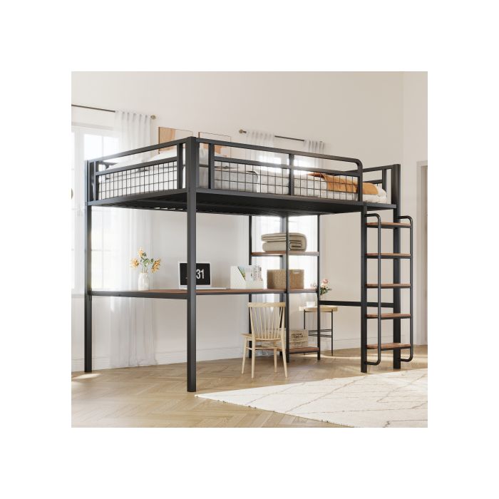 Lit superposé - MUVOE - 140x200 cm - Métal noir - Échelle de sécurité - Table intégrée