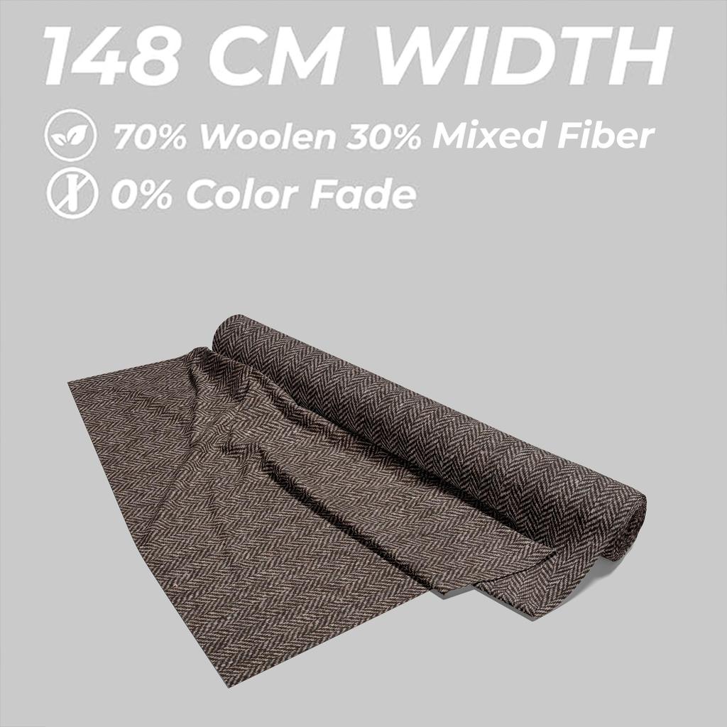 Dark Brown Herringbone Tweed Fabric - 70% Wool, 150cm Wide, 450gsm