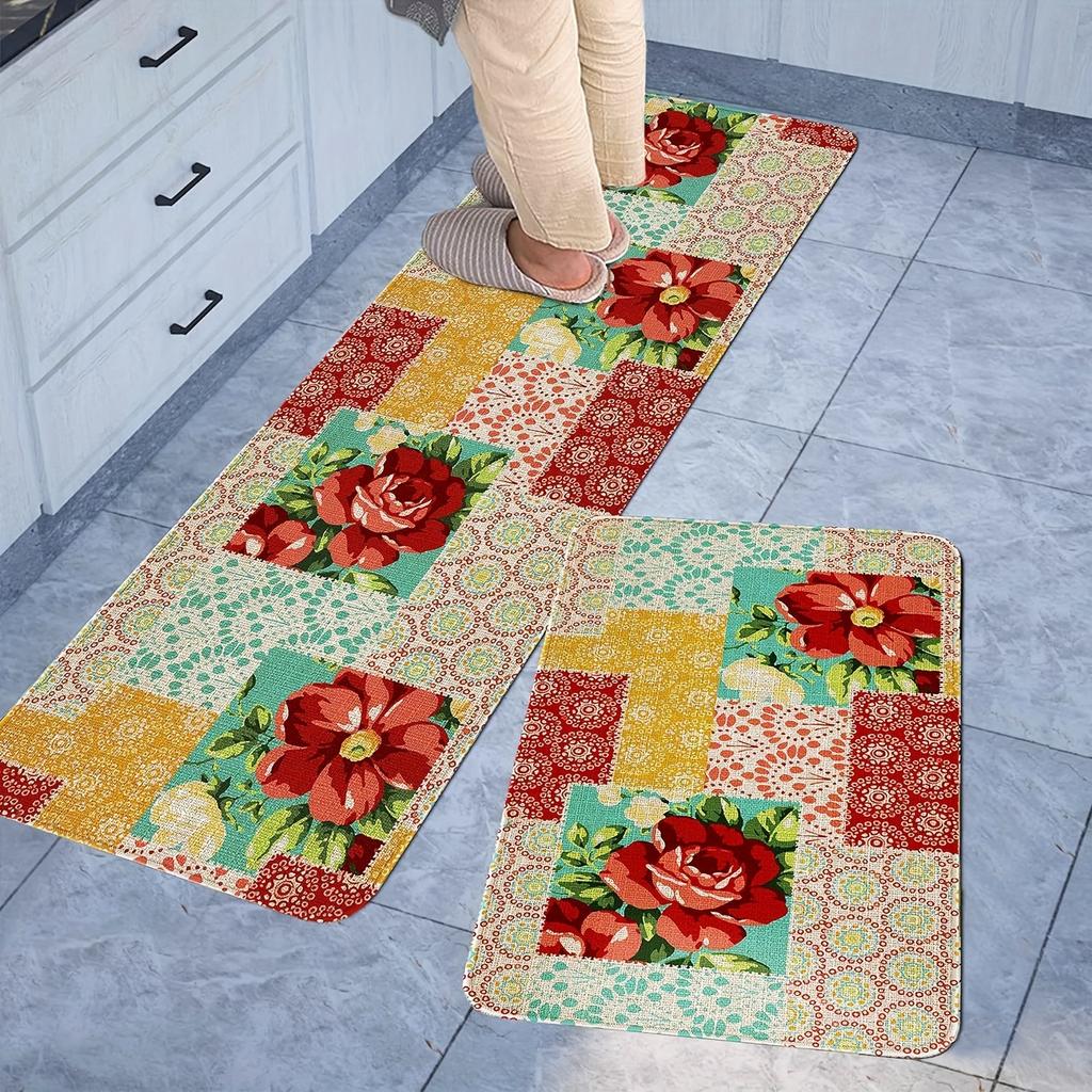 1Pcs Anti Fatigue Kitchen Rugs, Floral Print Waterproof Non-Slip Thick Cushioned Kitchen Mat Heavy Duty Comfort Standing Mat for Kitchen