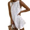 Летнее мини-платье с цветочной вышивкой, с открытыми плечами, круглым вырезом, без рукавов, однотонное