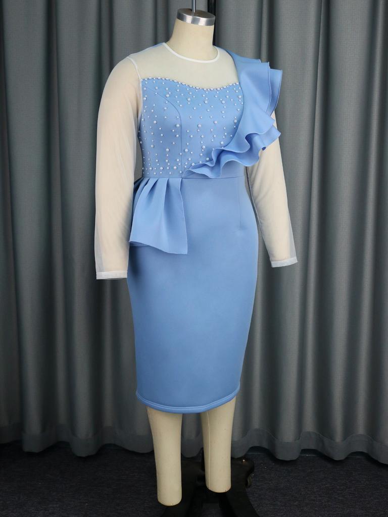 AOMEI Синие вечерние платья с бисером, О-образным вырезом, тюль, пэчворк, прозрачные рукава, высокая талия, оборки, миди, вечерние платья для женщин