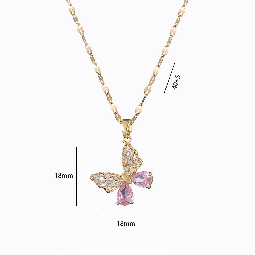 Full Zirconium Butterfly Pendant Stainless Steel Necklace Women's Simple and Versatile Necklace