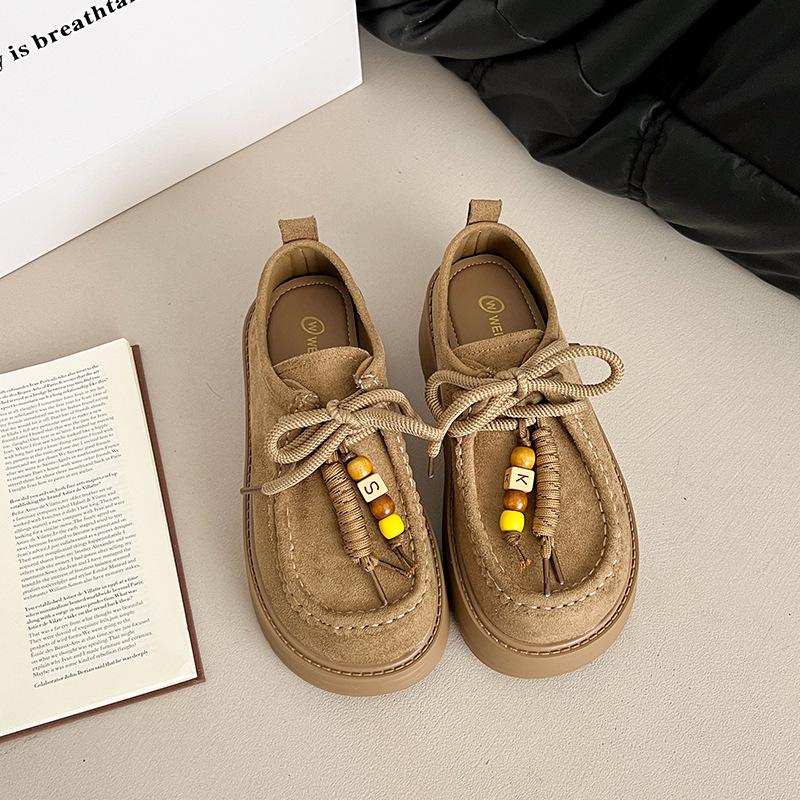 Женские осенние ботинки Boken на платформе 2025 года, новые, в стиле ретро, на шнуровке, с бисером, универсальные, на маффиновой подошве, с увеличением высоты, обувь-кенгуру