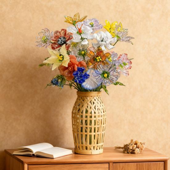 Hand-Blown Glass Flower Decoration with Wire Stem Handmade Colored Glaze Floral Figurine Home Living Room Office Table Flower Vase Ornament
