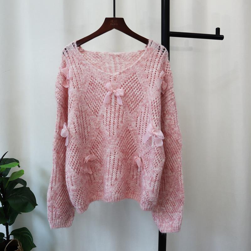 Пуловер с полым бантом, осень и зима, новый свободный дизайн, милый вязаный свитер-топ для женщин