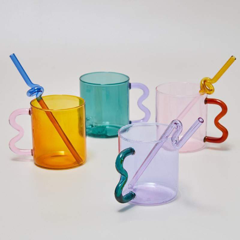 Colored Glass Cup with Wave Handle Coffee Breakfast Cup Large Capacity Milk Cup Microwaveable Cross-border