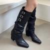 Женские ботинки 2024 года, модные новые плиссированные брендовые дизайнерские высокие ботинки весна-осень для отдыха на открытом воздухе с пряжкой на ремне, остроконечные мотоциклетные ботинки
