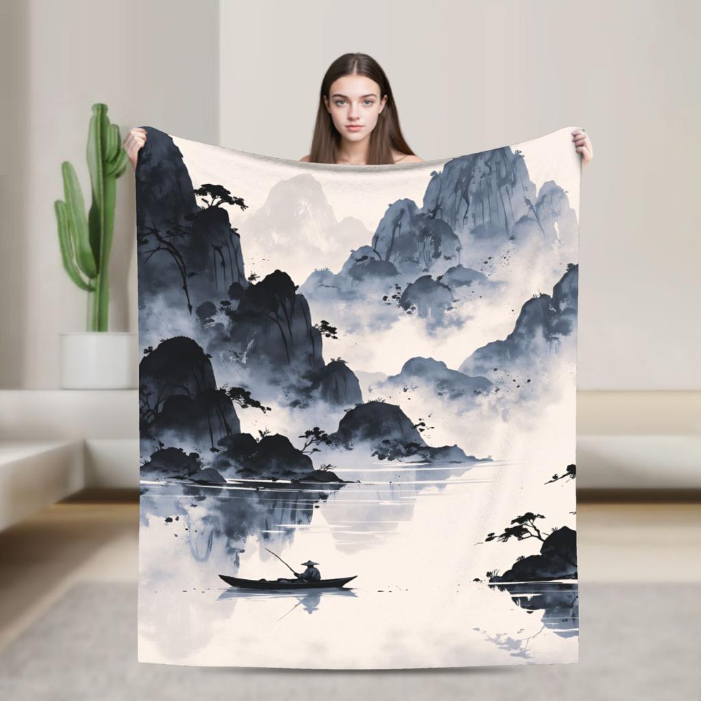 Chinese ink painting Soft Warm Blanket  Child Plush Throw Blanket Street Trend Couch Bed Flannel Bedspread Sofa Bed Cover