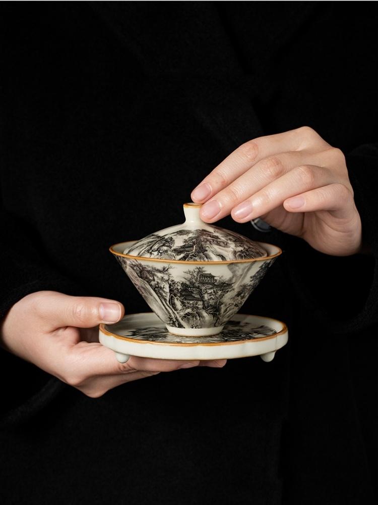 130 мл фарфоровый набор гайвань Ru Kiln Landscape для чая супница чайная посуда чашка китайская желтая керамическая открывающаяся чаша для чая чайная церемония