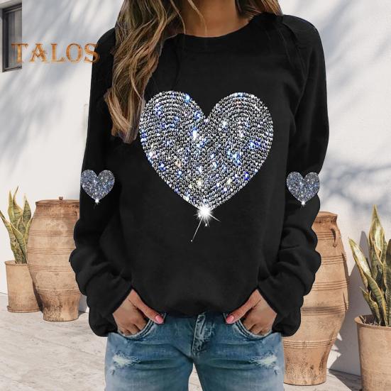Women Tops Round Neck Long Sleeve Tee Shirt Shiny Sequins Heart Print Sweatshirt Spring Autumn Daily Wear