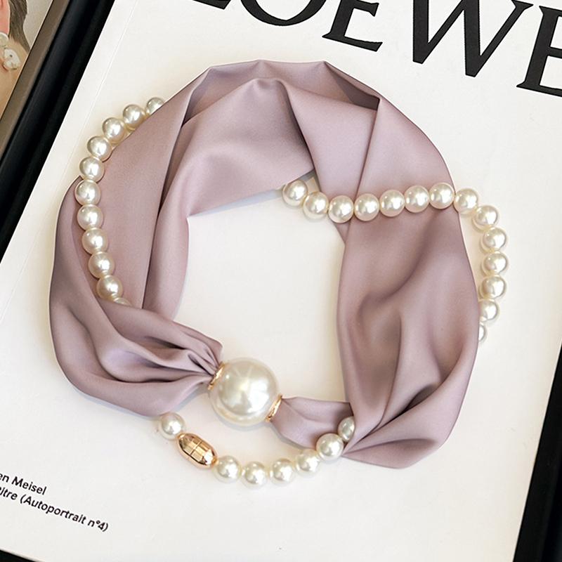 Magnetic Narrow Elegant Satins Neck Scarf Wrap With Pearls Chain Necklace And Buckle For Women Vintage Floral Silk Neckerchief